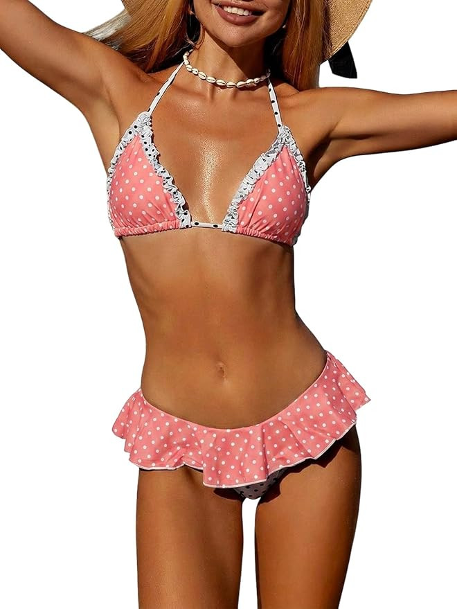 WDIRARA Women's Polka Dots Bikini Sets Ruffle Triangle 2 Piece Swimsuit | Tie Backless Thong, Cru... | Amazon (US)