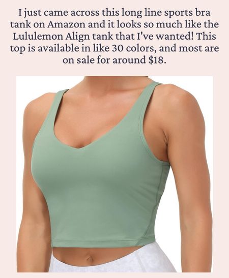 I just came across this long line sports bra tank on Amazon and it looks so much like the Lululemon Align tank that I've wanted! This top is available in like 30 colors, and most are on sale for around $18. I ordered this and a couple neutrals to try! Seems promising and perfect for the summer, both in and out of the gym 💪🏼

#LTKmidsize #LTKsalealert #LTKfitness