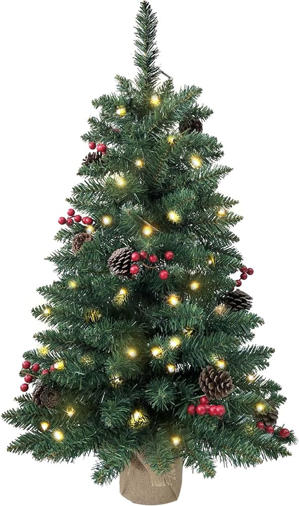 Pre-lit Mini Christmas Tree 90cm/3ft,121 Branches Tips Artificial Pine Xmas Tree with 70 LED Ligh... | Amazon (UK)