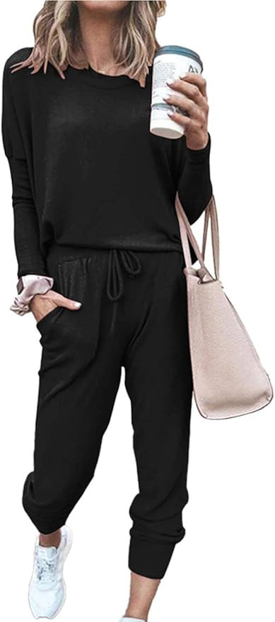 PRETTYGARDEN Women’s Solid Color Two Piece Outfit Long Sleeve Crewneck Pullover Tops And Long Pants  | Amazon (US)