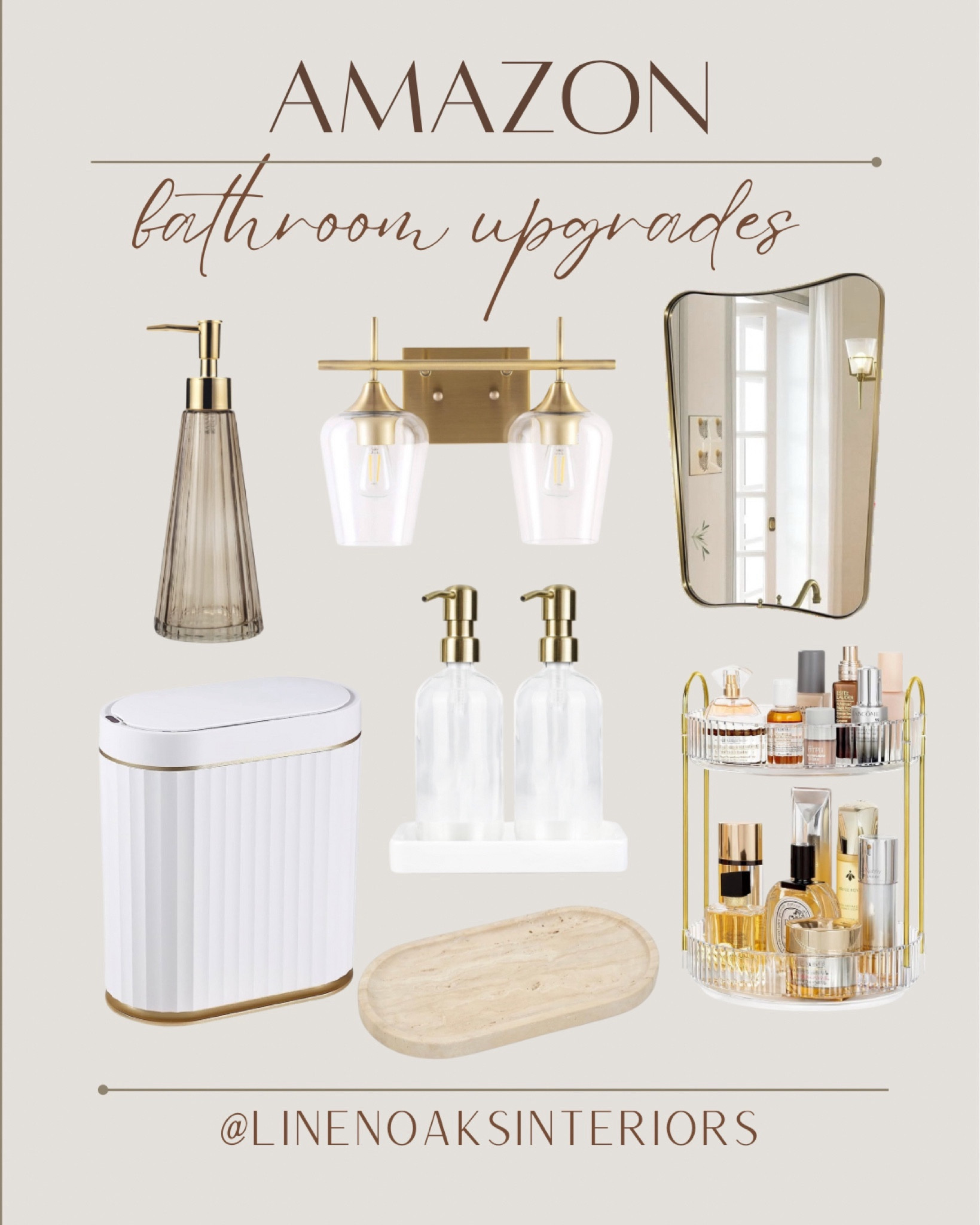 Amazon Bathroom Upgrades



Organic shaped brass mirror
Glass soap and lotion dispensers
Automatic aesthetic trash can
Travertine accessory bathroom tray
Rotating clear round makeup tray
Ribbed glass soap dispenser
Brass modern bathroom light fixtures

#LTKhome #LTKMostLoved
