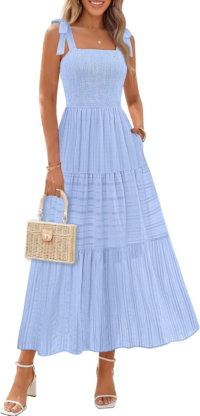 MEROKEETY Women's 2026 Summer Boho Midi Maxi Dress Beach Vacation Casual Sleeveless Smocked A Lin... | Amazon (US)