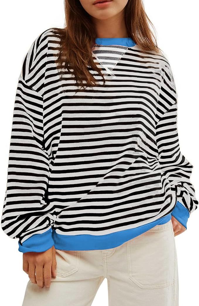 Hixiaohe Womens Oversized Sweatshirt Striped Color Block Long Sleeve Shirts for Women Crewneck Pu... | Amazon (US)