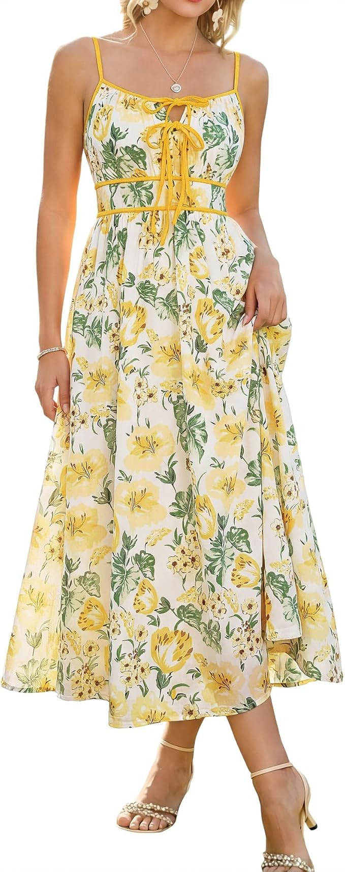 GRACE KARIN 2026 Women's Summer Maxi Floral Dress, Spaghetti Strap Tie Front Boho Sundress with P... | Amazon (US)