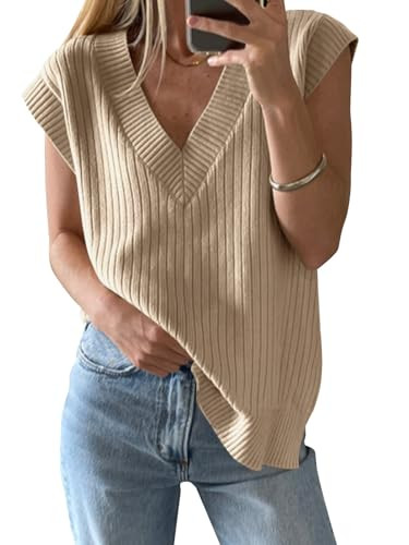 Saodimallsu Womens V Neck Sweater Vest Oversized Ribbed Knit Sleeveless Casual Loose Fit Pullover... | Amazon (US)