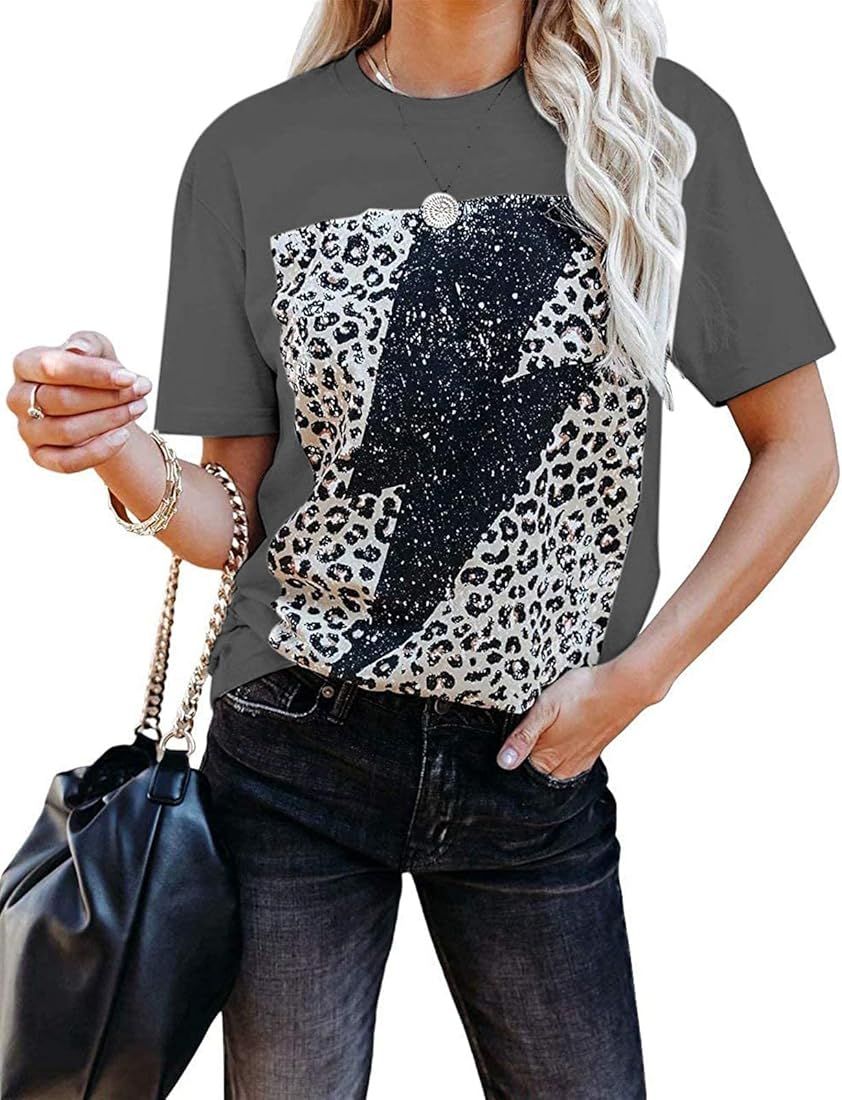 LilyCoco Women's Leopard Print Tops Lightning Bolt Graphic Tee Short Sleeve Shirts | Amazon (US)