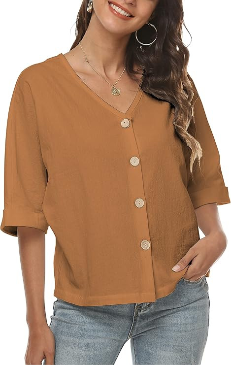 LNX Womens V Neck Button Down Linen Shirts Short Sleeve Casual Blouses Summer Tops | Amazon (US)