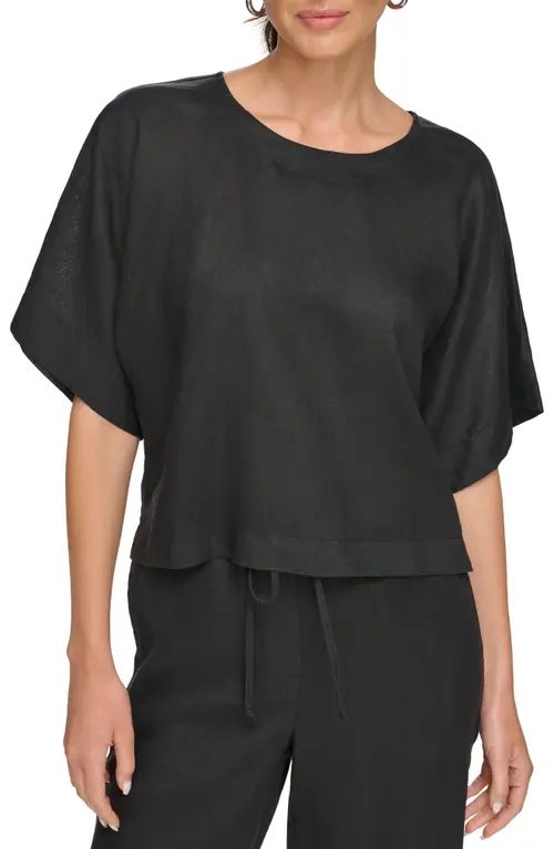DKNY Drop Shoulder Boxy Linen Top in Black at Nordstrom, Size X-Small | Nordstrom