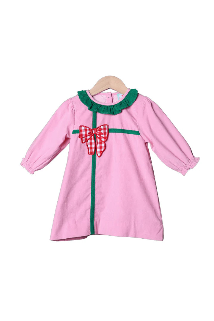 Applique Christmas Present Pink Corduroy Dress | The Smocked Flamingo