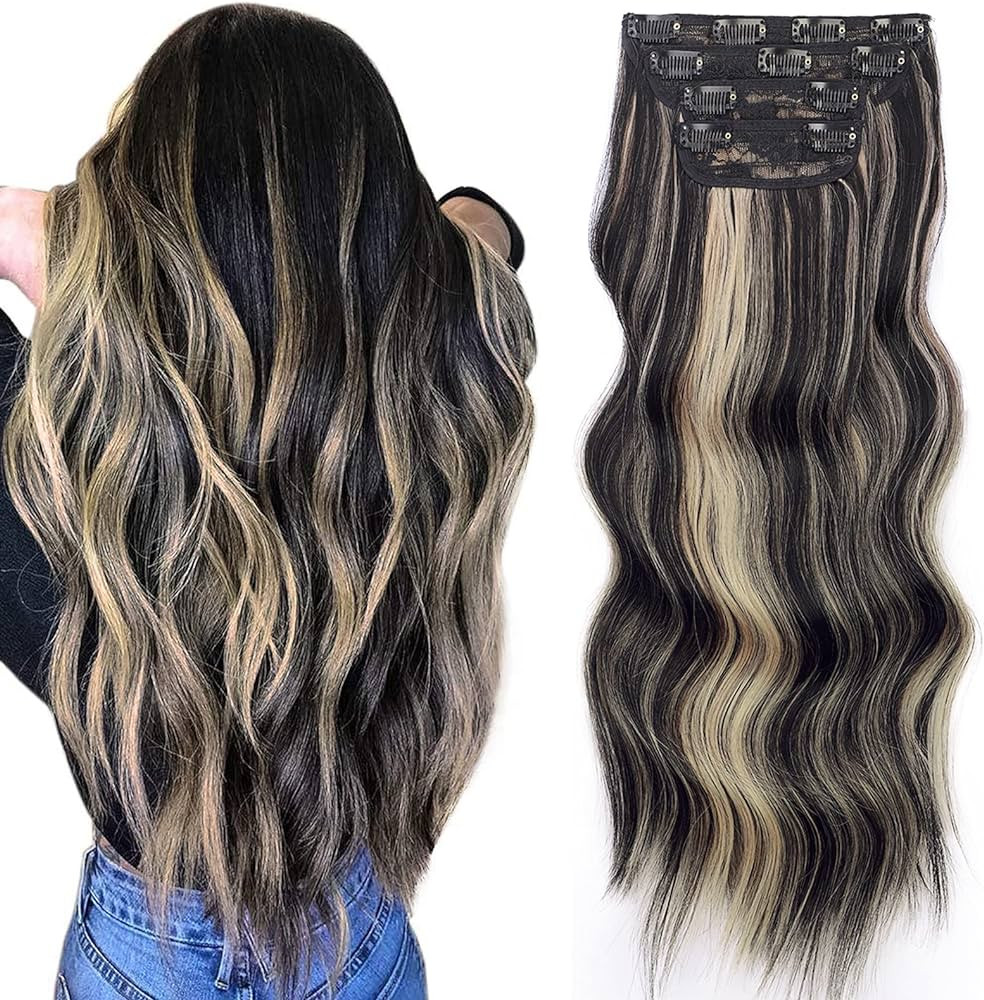 Vigorous Wavy Hair Extension Black Mix Blonde Long Clip in Hair Extensions Soft Synthetic Hairpie... | Amazon (US)