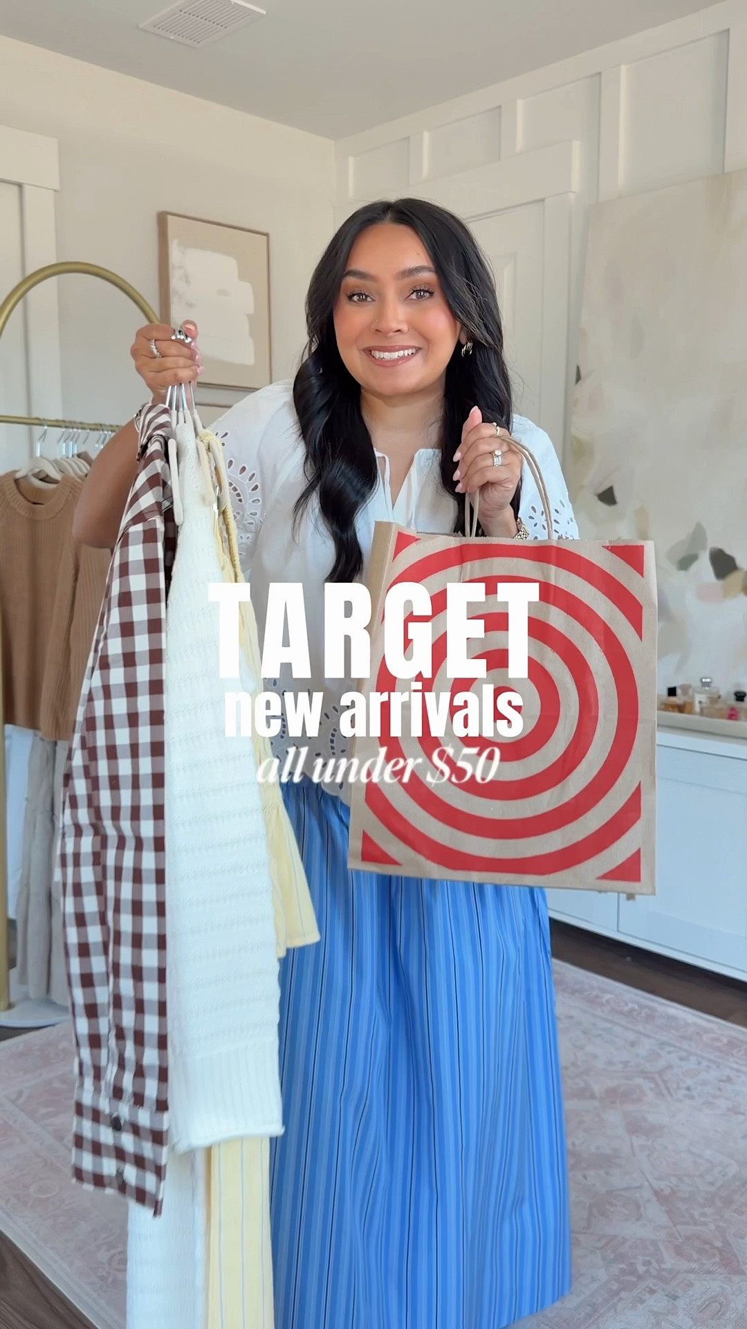 Target Spring Outfits!
For reference: I’m 5’0, petite, 32b bra size, and 2/26 in bottoms, pear shaped. 
*Everything I share is unaltered! TTS means true to size. Between size 5-6.5 in shoes

White eyelet top size xs TTS
Blue strip midi skirt size xs TTS - more maxi length on  me
Clear heels size 5 TTS

Yellow top size xs TTS
Yellow stripe pants size xs - a little long me so i rolled the waistband down one time and wore a low heel
Tan sandals size 5 TTS

Brown gingham jacket size xs TTS
White tank size xs petite TTS
White jeans size 2 petite TTS
Brown sandals size 5 TTS

Green dress size xs TTS
Clear heels size 5 TTS

Cream white crochet pull over sweater size xs TTS
Cream white pull on crochet pants size xs TTS
Sandals size 5 TTS

Resort wear 2026
Spring outfits
Petite style
Vacation outfits
Vacation outfits beach 


#LTKgrwm #LTKootd #LTKPetite