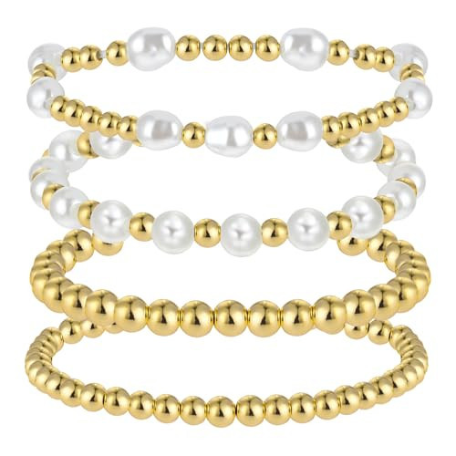 4 Pcs Pearl Gold Bracelet Stack Gold Plated Dainty Gold Pearl Bracelet Stackable Stretch Bead Ball Bracelet Set Bohemian Gold Beaded Bracelets Jewelry Gifts for Women | Amazon (US)