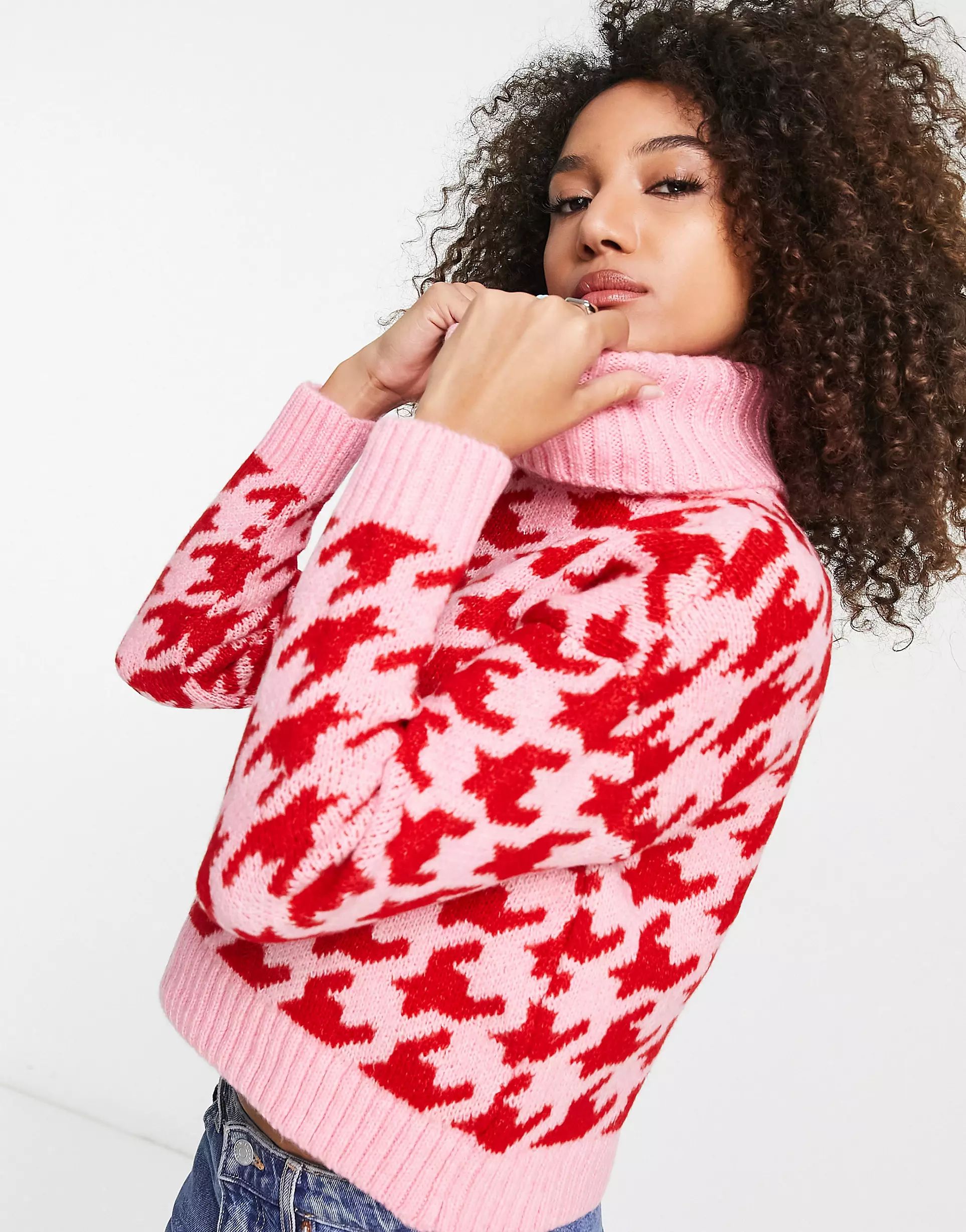 Only turtleneck sweater in pink & red dogtooth | ASOS (Global)