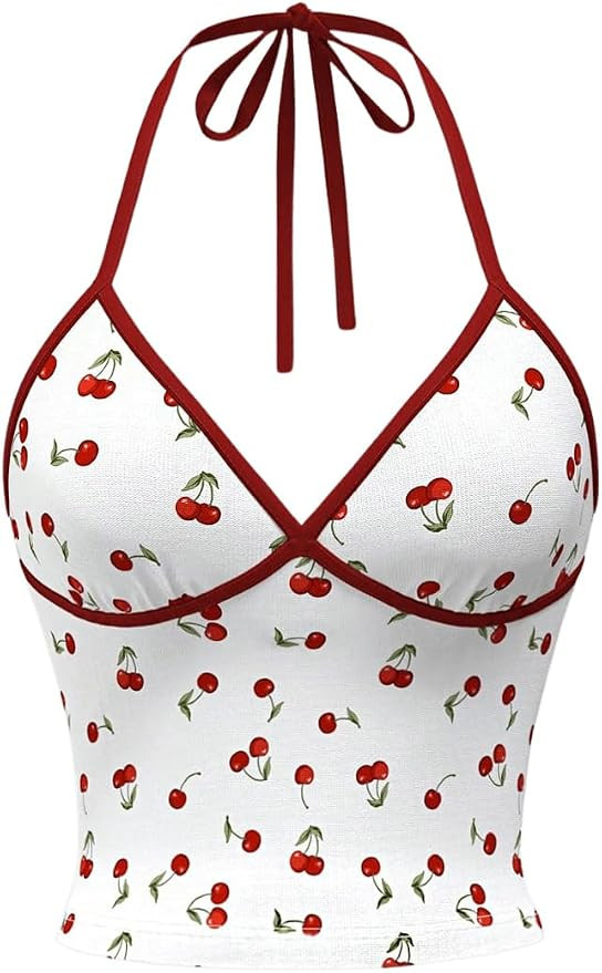 RoseSeek Women's Cherry Print Halter Tops Summer Going Out Y2K Crop Tank | Y2k Cherry Top, Backle... | Amazon (US)