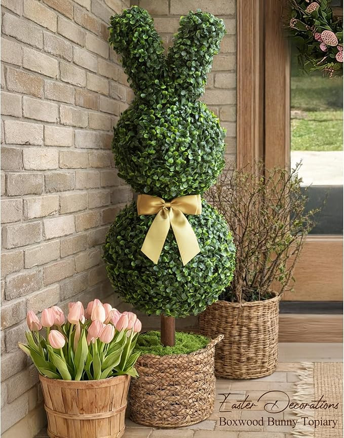 Easter Decorations - 3 Ft Boxwood Bunny Topiary with Bow - Artificial Bunny Shaped Tree with Plan... | Amazon (US)