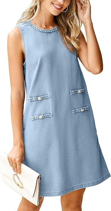 Simplee Womens Denim Dress Summer Sleeveless Casual Mini Dresses Crewneck Western Jean Dress with... | Amazon (US)
