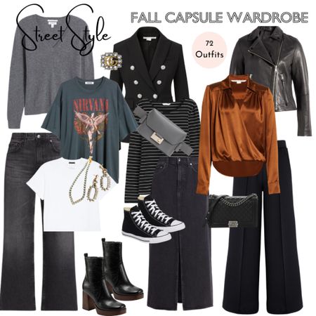 Street Style Capsule Wardrobe
1. Leather Jacket
2. Short Blazer
3. Pullover Swéater
4. Graphic Top
5. White Tee
6. Silky Top
7. Black & White Striped Top
8. Long Denim Skirt
9. Grey Jeans
10. Track Pants
11. Choker
12. Belt Bag or Quilted Bag
13.Sneakers
14. Platforms