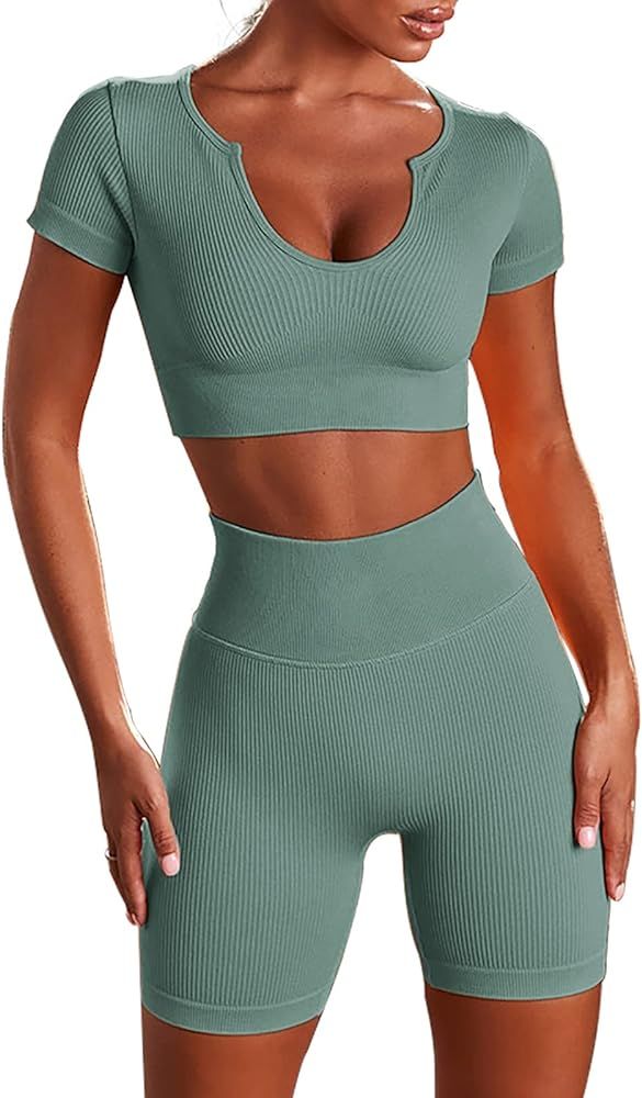 2 Piece Workout Outfits Set for Women Seamless Ribbed High Waist Sports Shorts Yoga Crop Top Gym Set | Amazon (US)