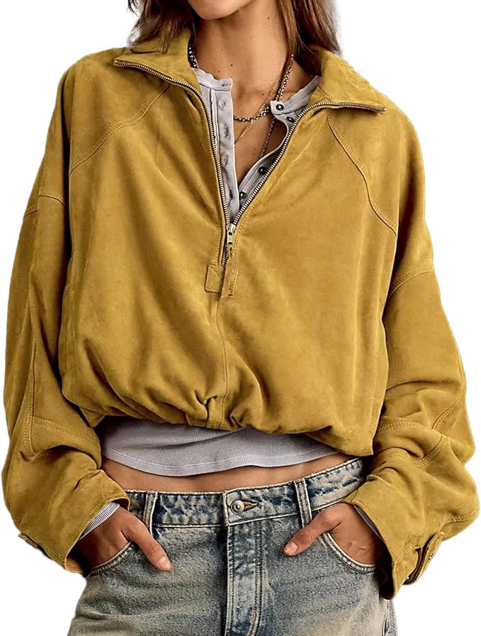 Women's Half Zip Faux Suede Sweatshirt Lightweight Pullover Bomber Jacket Drop Shoulder Tops Outf... | Amazon (US)