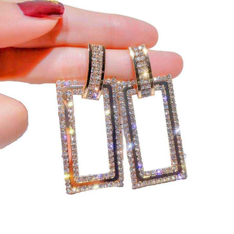 Besufy Women Earring,Rhinestone Inlaid Hollow Rectangle Dangle Ear Stud Jewelry Gift Golden | Walmart (US)