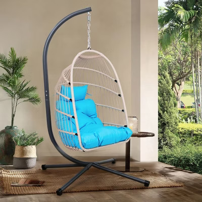 Outdoor Patio Wicker Egg Hanging Swing Egg Chair with Stand and Cushions for Indoor & Outdoor | Target