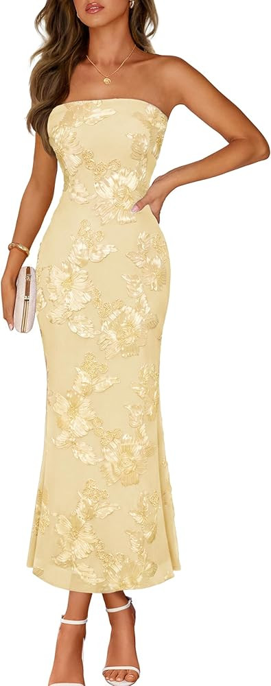 MEROKEETY Women's Floral Strapless Maxi Dress 2026 Summer Mesh Tube Bodycon Formal Wedding Guest ... | Amazon (US)