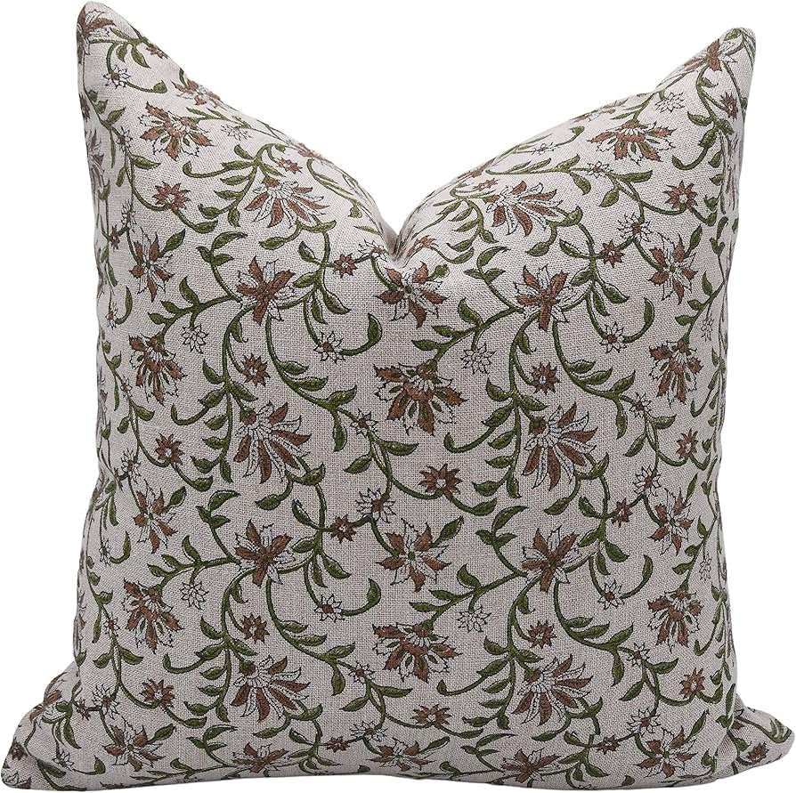 Fabritual Pillow Covers Artistic Handmade Block Floral Print Thick Linen 14X14 Inch Throw Pillowc... | Amazon (US)