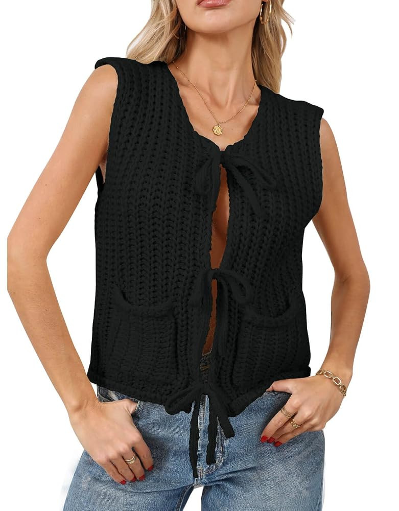 Trendy Cardigan Sweater Vest for Women Crochet Chunky Knit Top Sleeveless Bows Bandage Crop Tops ... | Amazon (US)