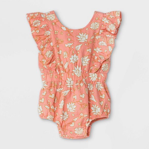 Baby Girls' Floral Woven Cinched Waist Romper - Cat & Jack™ Dark Peach | Target