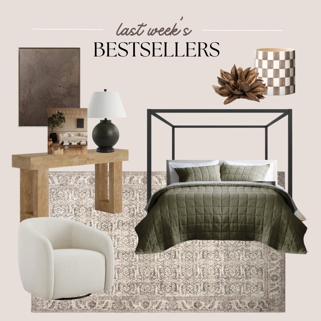 Affordable bestselling home decor! This rug comes in several different prints and neutral colors and all are on sale! 
Organic modern home decor, canopy bed, cream swivel chair, wood console table, olive quilt

#LTKSpringSale #LTKHome #LTKSaleAlert