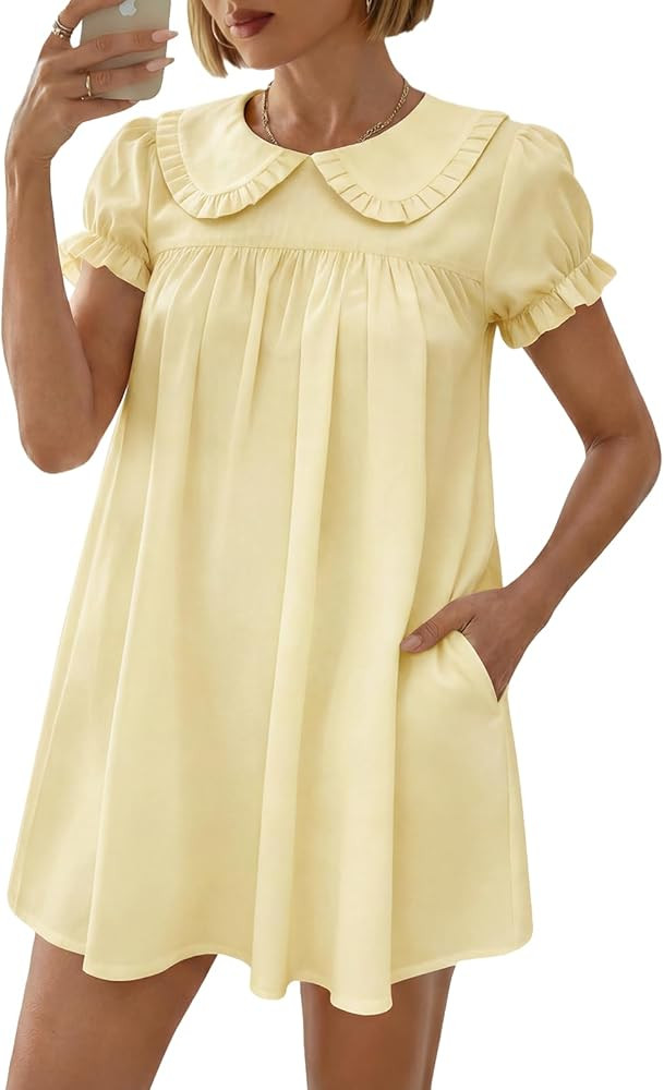 Women's Cute Babydoll Mini Dress Peter Pan Collar Ruffle Short Sleeve Pleated A Line Dresses 2026... | Amazon (US)