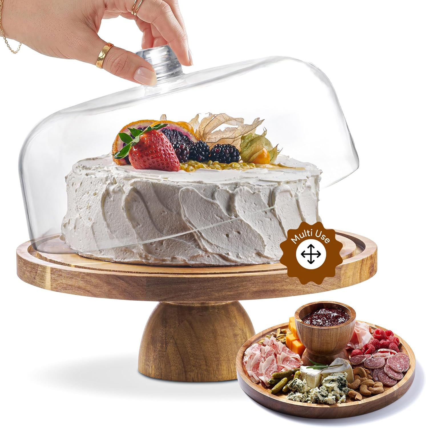 Homesphere Acacia Wood Cake Stand with Lid - 12in Round Cake Holder, 2-in-1 Dessert Table Display Set & Charcuterie Board for Cheese, Chips & Dips, Nachos, Fruit Platter, Large Acrylic Cake Dome Cover | Amazon (US)