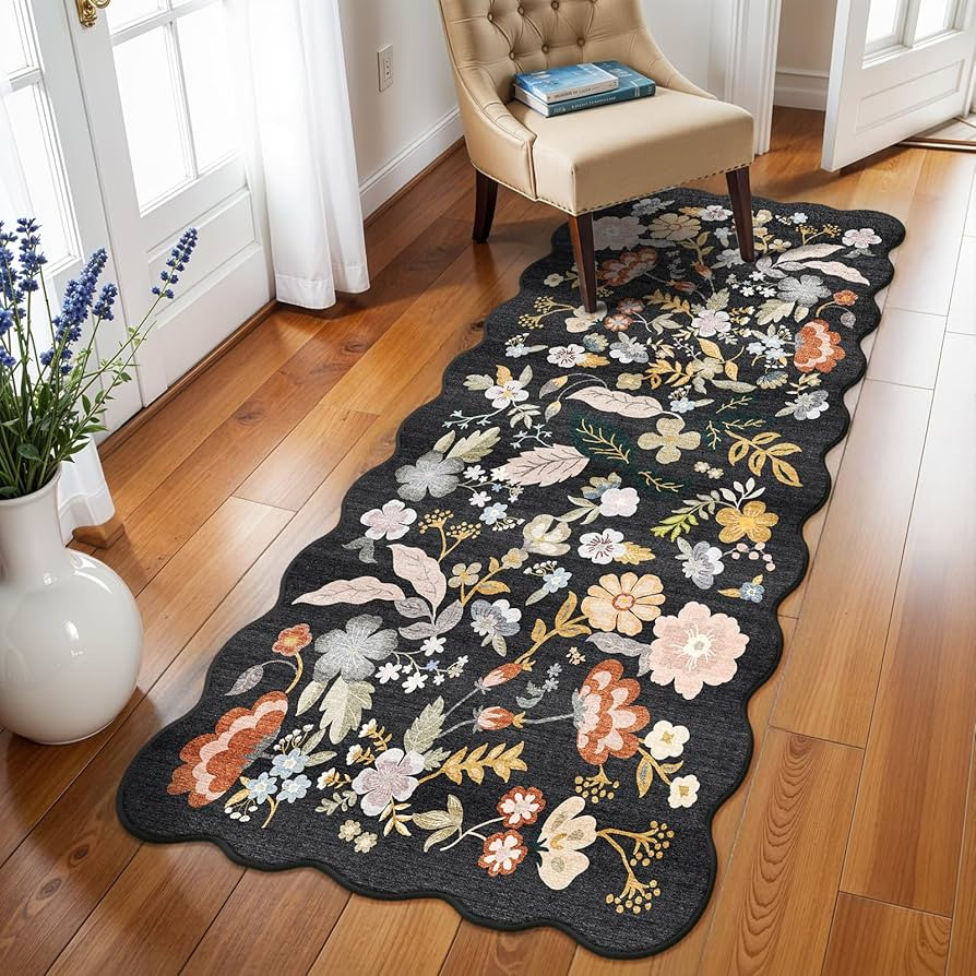 3x6 Washable Kitchen Runner Rug: Non Slip Floral Scalloped Runner Rugs for Hallway Stain Resistan... | Amazon (US)