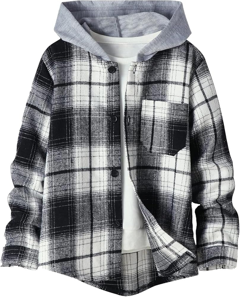 Boys Flannel Shirts Plaid Hoodie: Button Down Long Sleeve Shirt Fall Winter Fashion Lightweight H... | Amazon (US)