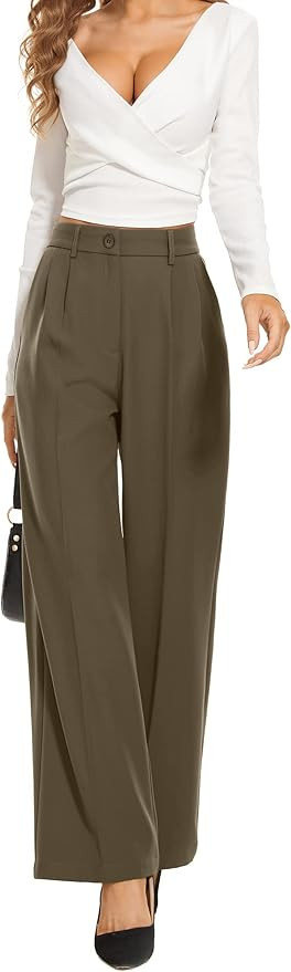 FUNYYZO Women's Wide Leg Pants High Elastic Waisted in The Back Business Work Trousers Long Strai... | Amazon (US)