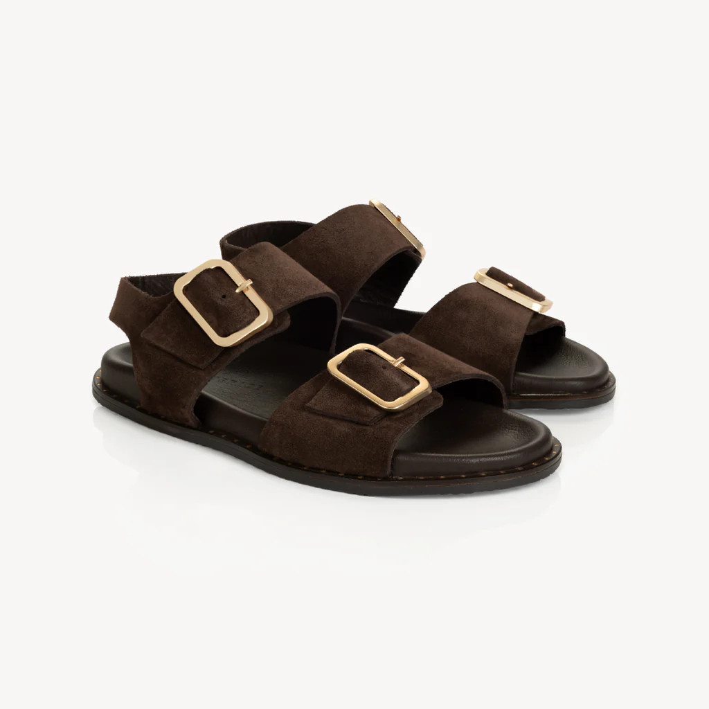 Gala Two Bar Back Strap Sandals: Chocolate Brown Suede - Pre-Order (Di | Air & Grace