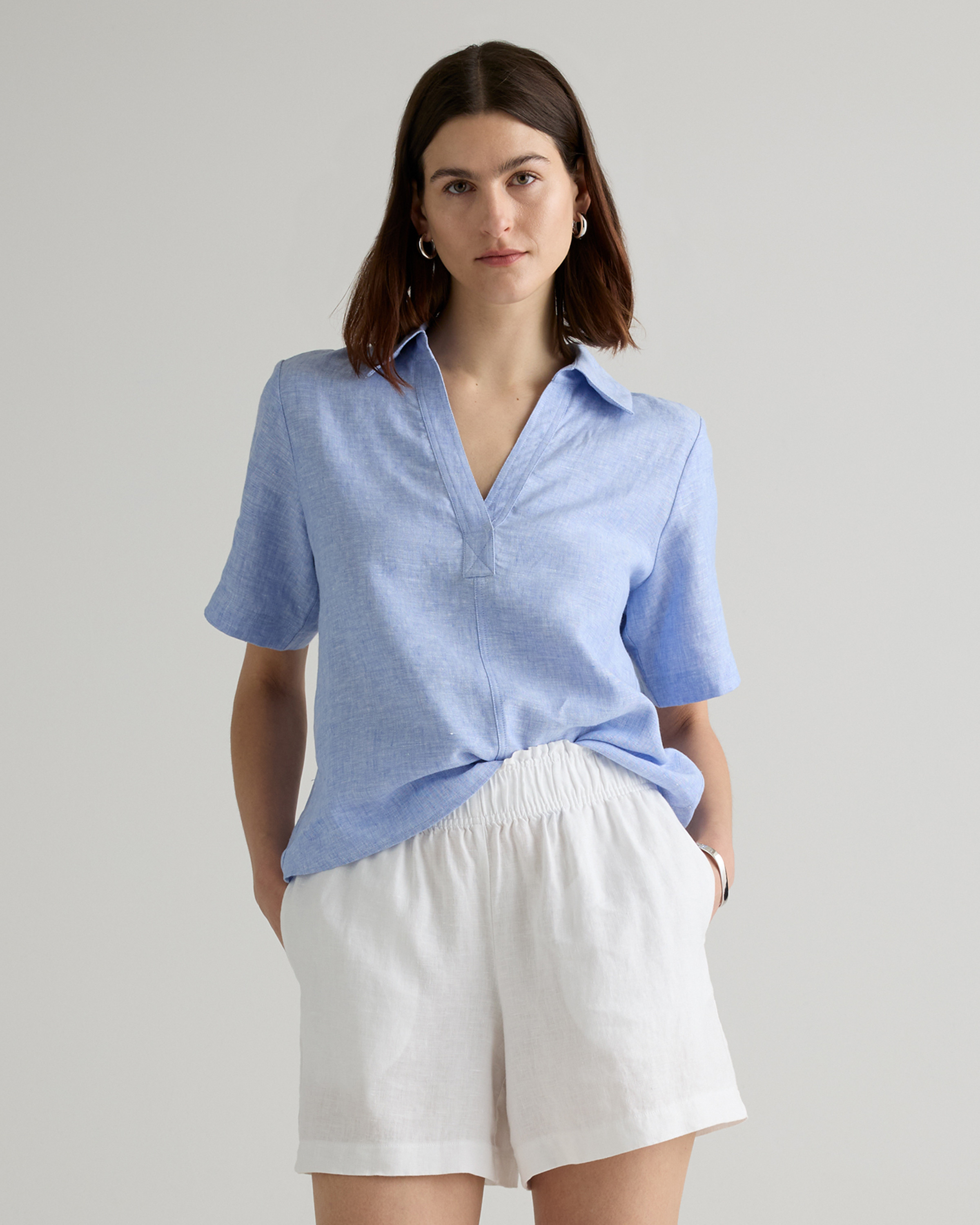 Quince | Women's 100% European Linen Short Sleeve Popover Top in French Blue, Size Small | Quince