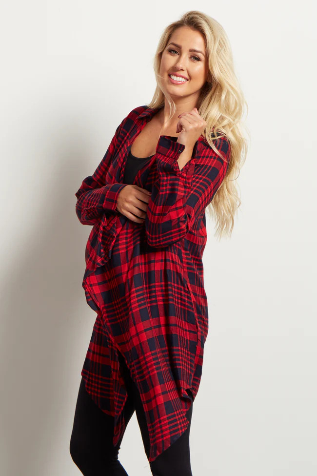 Red Flannel Crochet Accent Draped Maternity Cardigan | PinkBlush Maternity