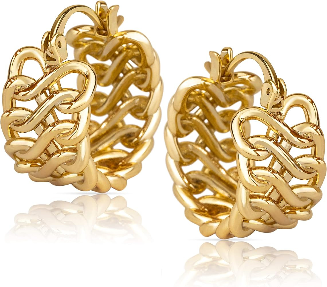 14k Gold Braided Huggie Hoop Earrings for Women | Gold Chunky Hoops | Gold Huggie Earrings for Wo... | Amazon (US)