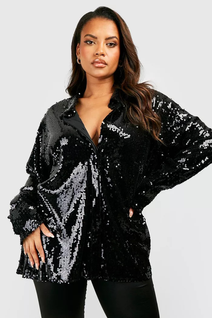 Black Plus Oversized Deep Cuff Sequin Shirt | Boohoo.com (UK & IE)