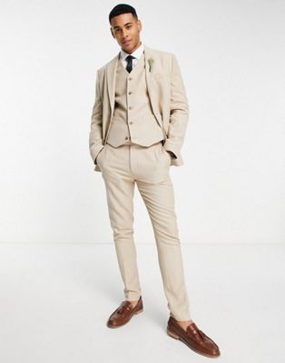 ASOS DESIGN Wedding skinny suit in linen mix in micro texture in beige | ASOS (Global)