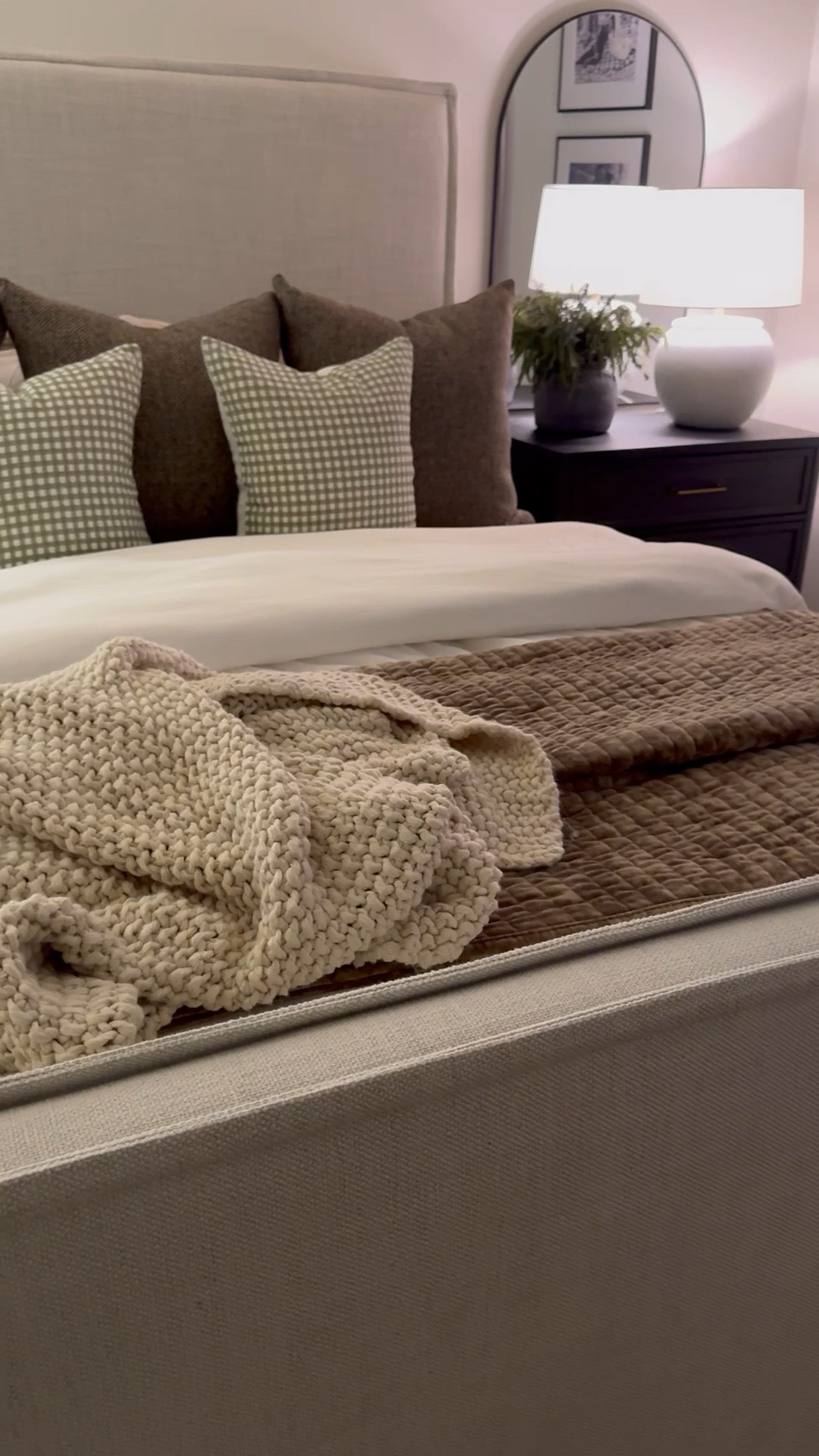 Winter bedding, duvet, comforter, velvet quilt, brow quilt, knit blanket, brown gingham pillow cover,  lack nightstand, upholstered bed, neutral bedroom, brown pillow cover, gingham print

#LTKHome #LTKHoliday #LTKSeasonal