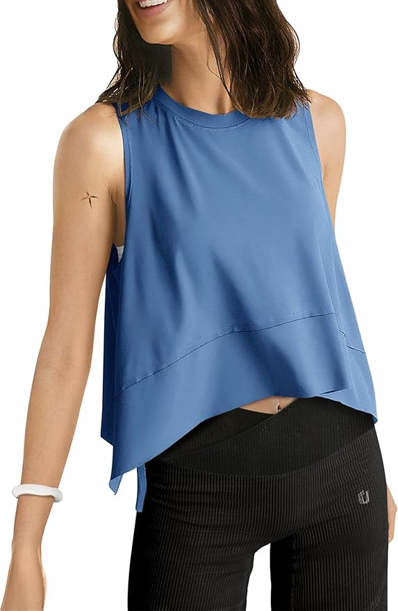 UEU Cropped Tank Tops for Women, Workout Yoga Athletic Shirts, Summer Flowy Split Side Slit Overs... | Amazon (US)