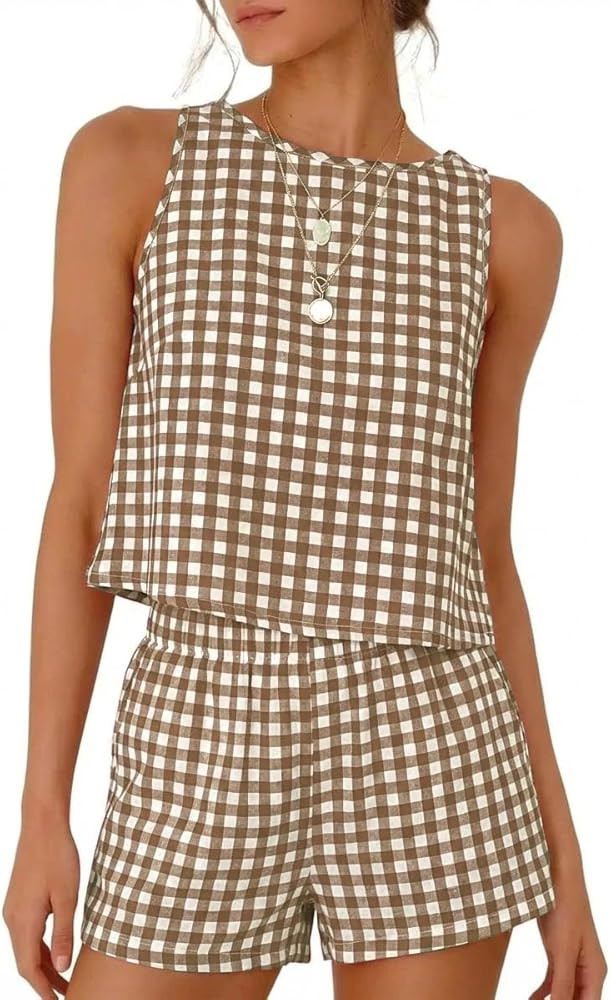 IDEALSANXUN Womens Two Piece Sets Summer Beach Spring Gingham Tank Tops and Plaid Shorts Pajama S... | Amazon (US)
