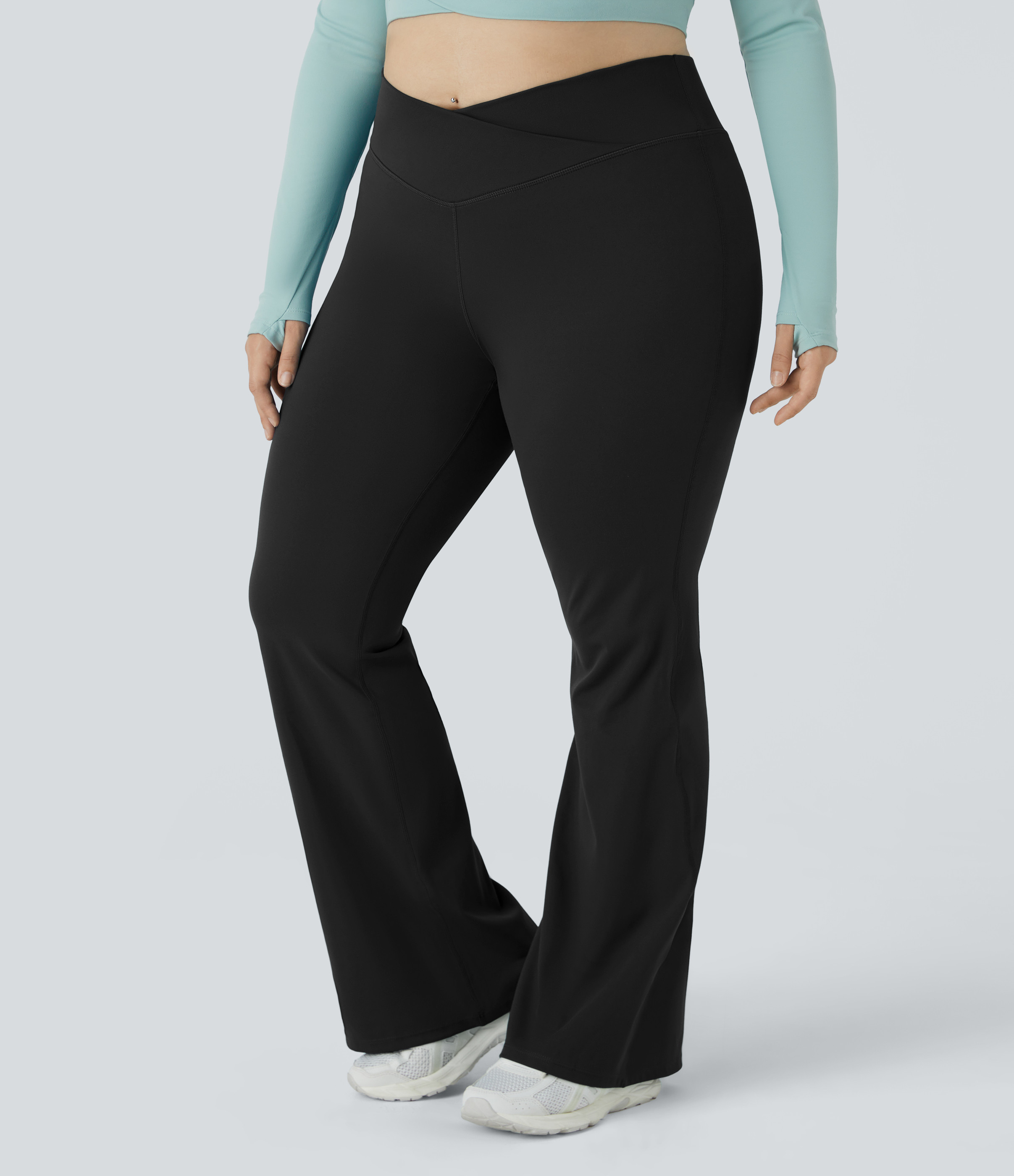 Halara High Waisted Crossover Full Length Flare Plus Size Leggings - Black - 2X gym leggings leggings with pockets leggings with butt lift | HALARA