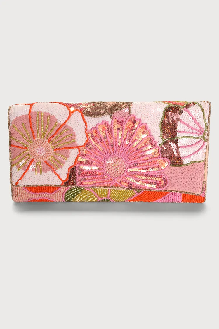 Bead Beautiful Peach Pink Multi Floral Beaded Clutch | Lulus