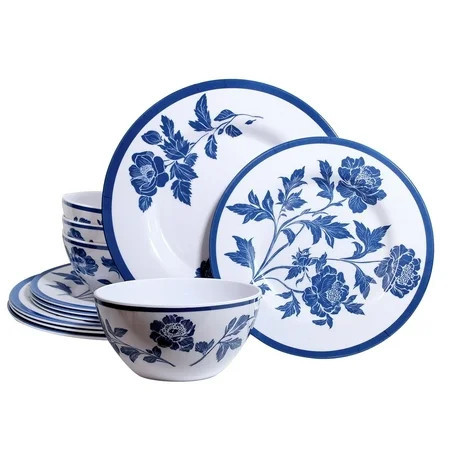 Melamine Dinnerware Set 12-Piece for 4 Dish Set Plates Bowls Unbreakable Dishware for Indoor Outdoor Use Lightweight Durable for Camping Picnics Parties | Walmart (US)