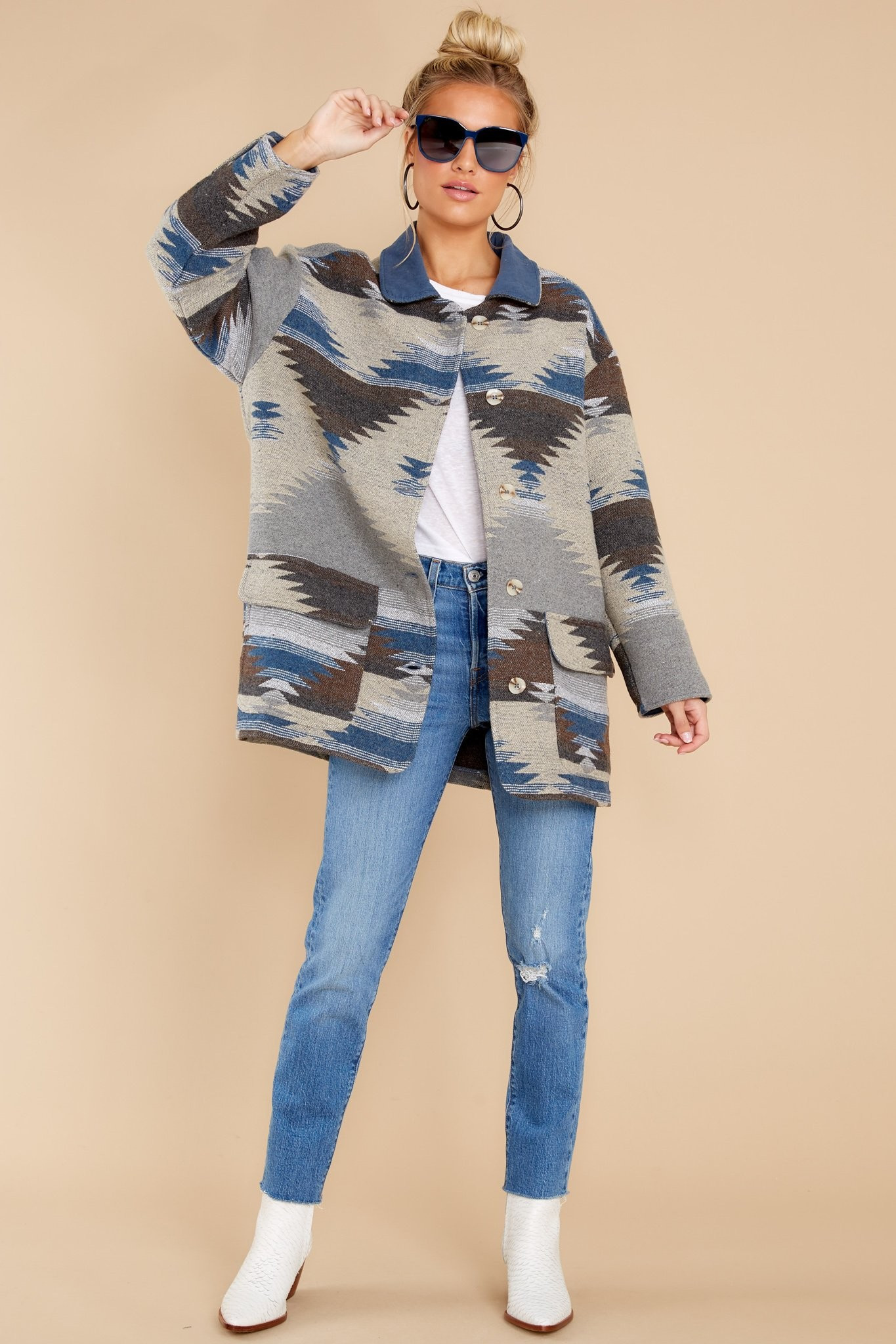 Brave The Cold Taupe Multi Print Shacket | Red Dress 