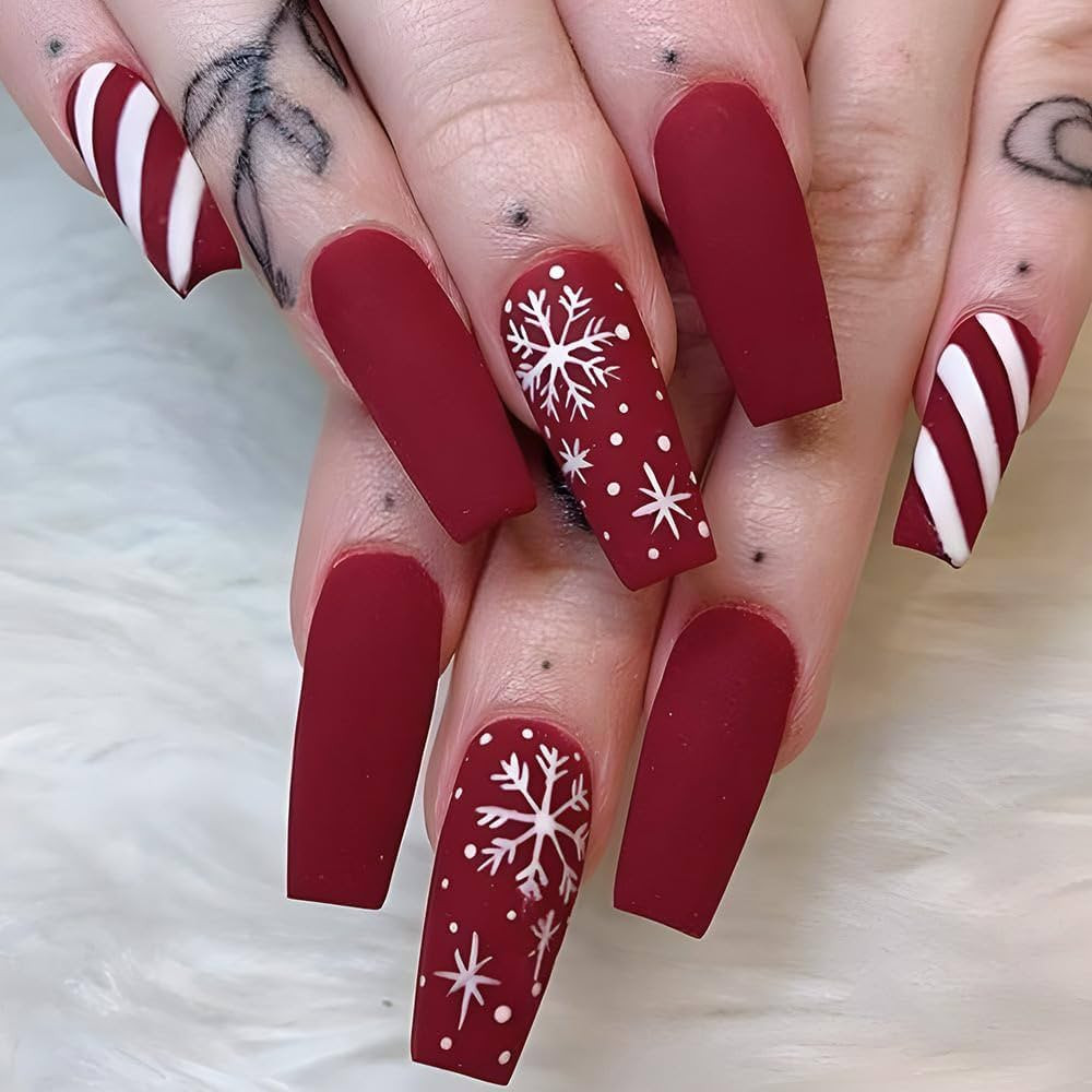 Christmas Press on Nails Long Coffin Fake Nails Red False Nails with Snowflake Stripe Design Glue... | Amazon (US)