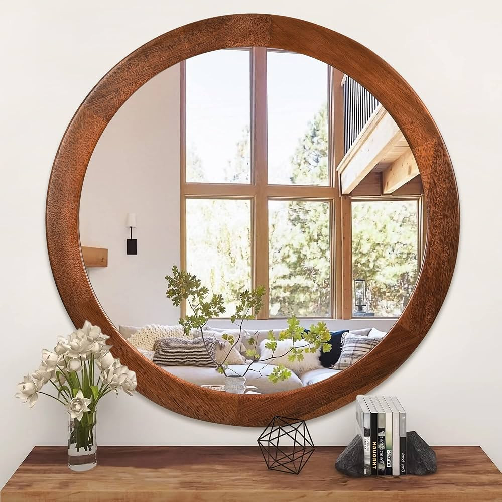 CULER Round Mirrors 30 Inch,Wood Vanity Wall Rustic Mirror with Walnut Frame, Wooden Mirror for B... | Amazon (US)